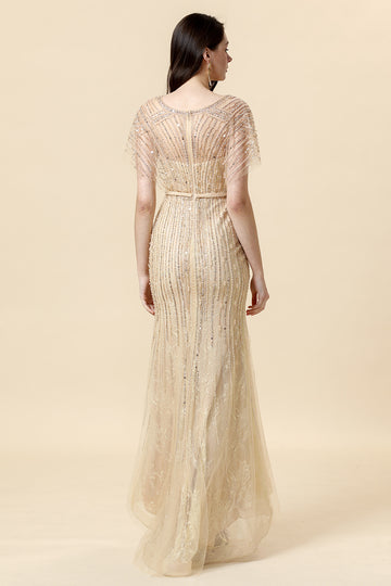 Mermaid V Neck Golden Beaded Long Formal Dress